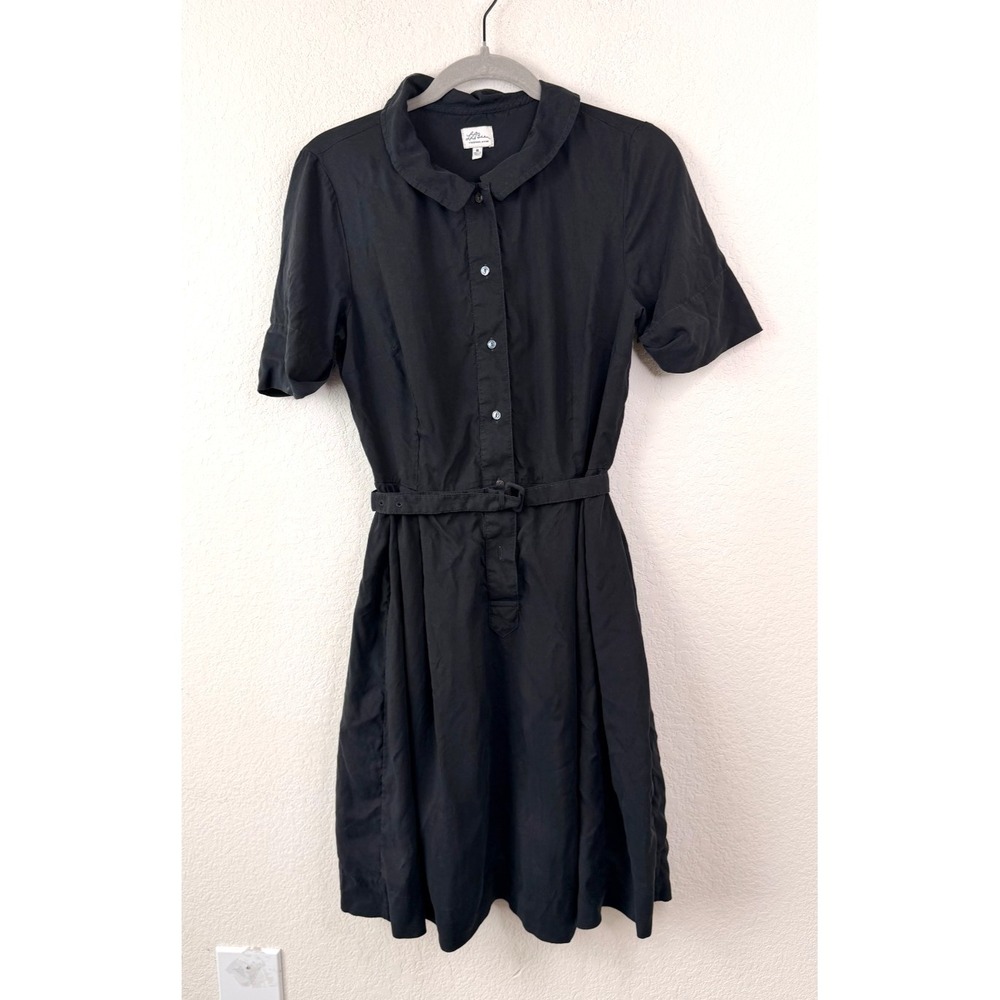 L.L.Bean 100% Silk Shirt Dress Womens 8 Black Button Front Belted Minimalist - Picture 2 of 7